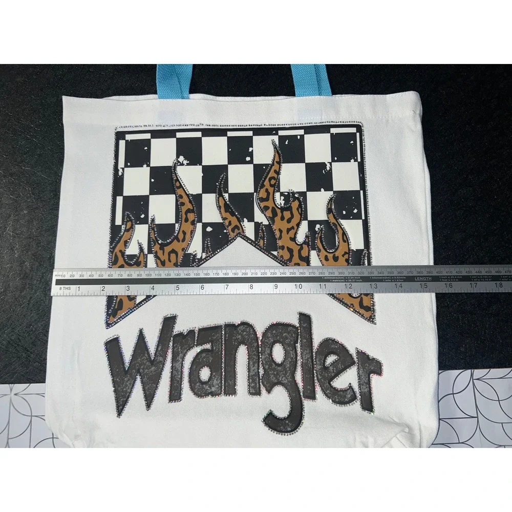 Wrangler Canvas Tote Bag White Blue Rhinestone Leopard Flame Graphic Checkered